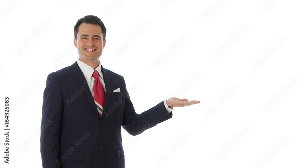 Businessman holding out hand for text Businessman holding out hand for text