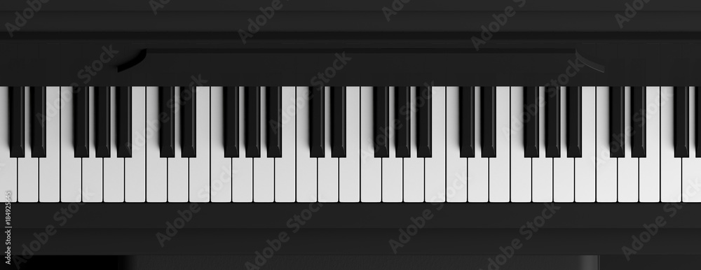Fototapeta premium Piano keys top view, banner. 3d illustration