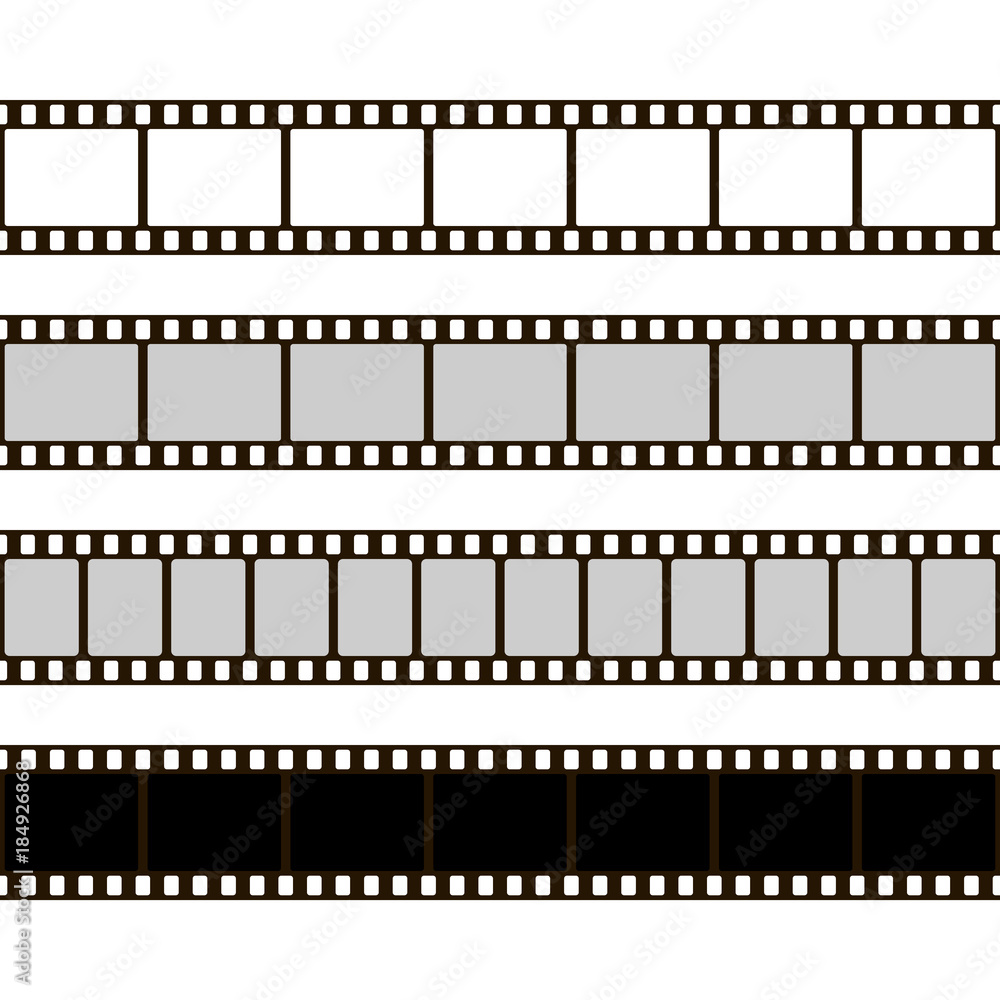 Film strip set. Collection of film for the camera. Cinema frame. Vector illustration. Template of negative on white background