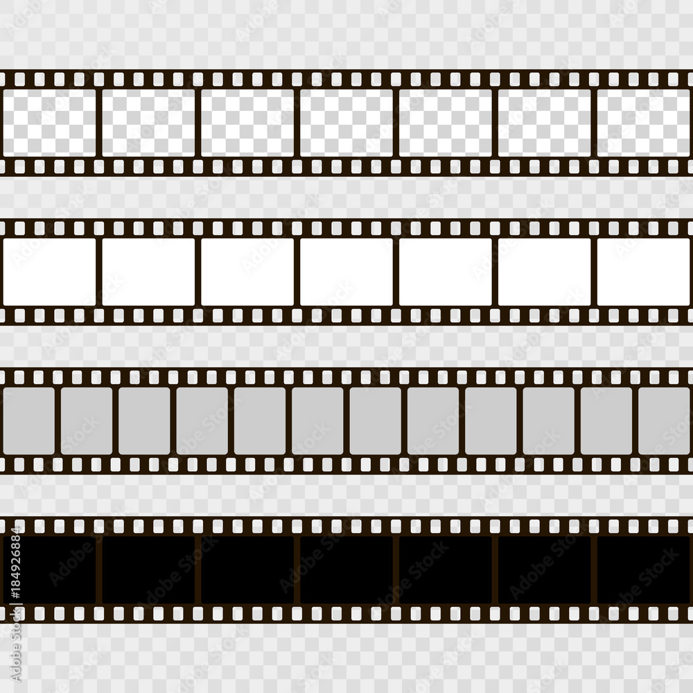 Film strip set. Collection of film for the camera. Cinema frame. Vector template on transparent background