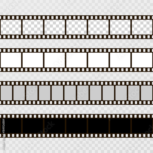 Film strip set. Collection of film for the camera. Cinema frame. Vector template on transparent background