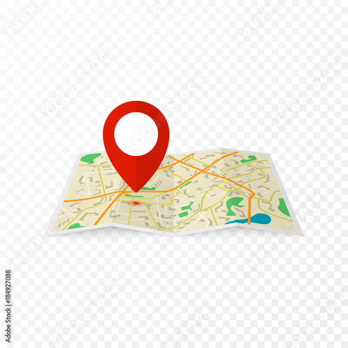 City map with red marker pin. Abstract city map design. Vector illustration in flat design isolated on transparent background