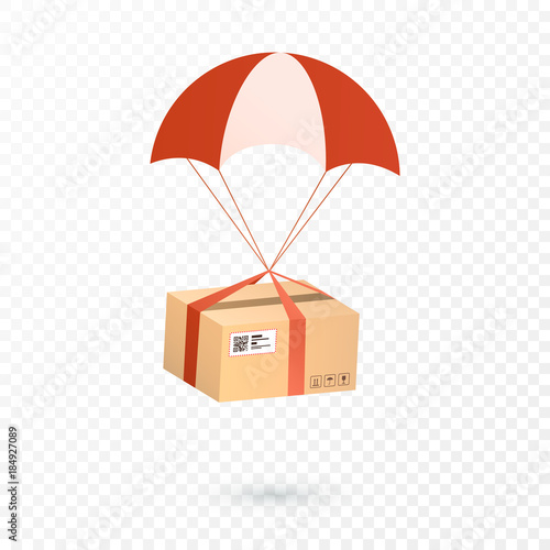 Delivery Services and E-Commerce. Package is flying on parachute. Flat vector illustration elements isolated on transparent background