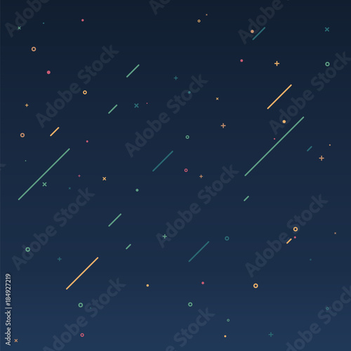 Concept of starry sky in motion design style. Texture of the universe with falling comets. Flat vector illustration. Geometric shapes background. Background on your web banner design