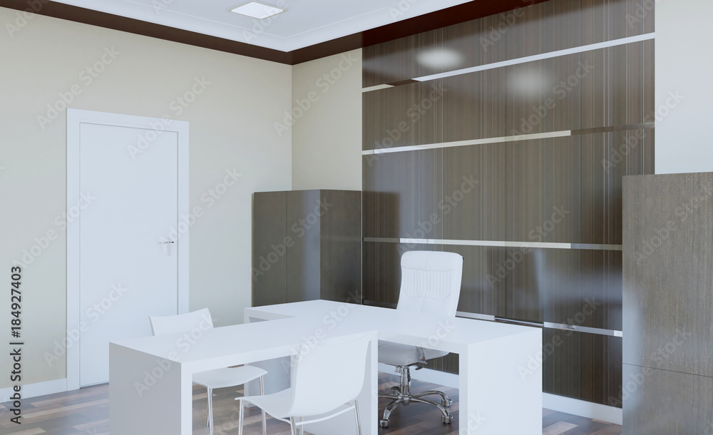 Front view of an office interior with a row of dark wood tables. 3D rendering. Front view of an office interior with a row of dark wood tables. 3D rendering.