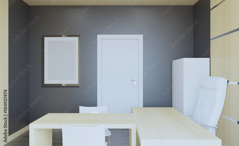 Front view of an office interior with a row of dark wood tables. 3D rendering.