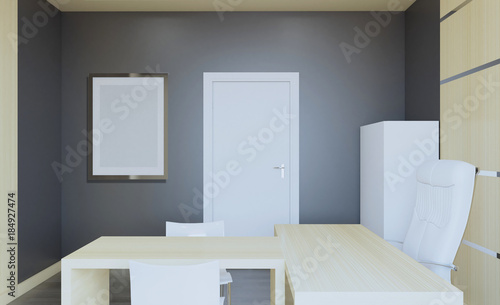 Obraz na płótnie Front view of an office interior with a row of dark wood tables. 3D rendering. w salonie