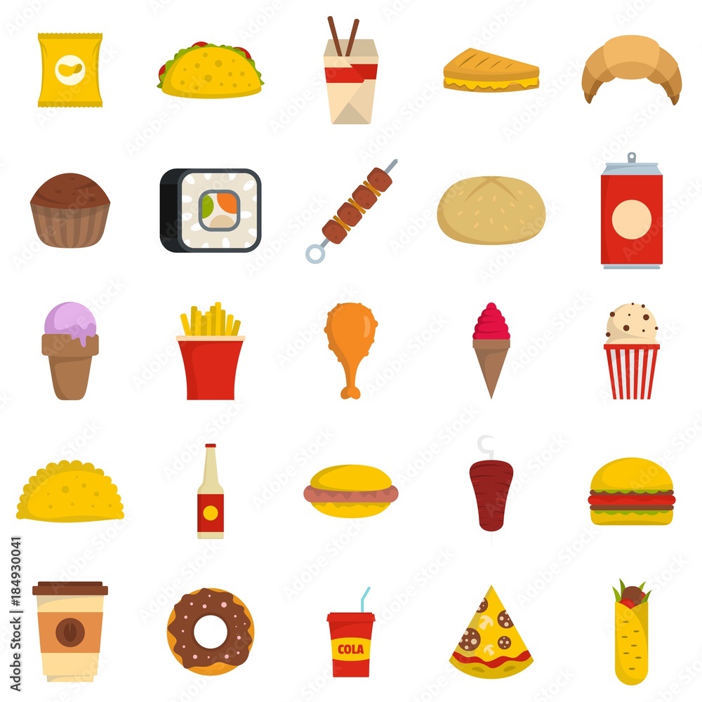 Fast food icons set. Flat illustration of 25 fast food vector icons isolated on white background Fast food icons set. Flat illustration of 25 fast food vector icons isolated on white background
