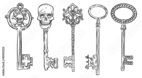 Set of hand drawn antique keys. Sketch style of vintage key on white background. Old design illustration. Vector.
