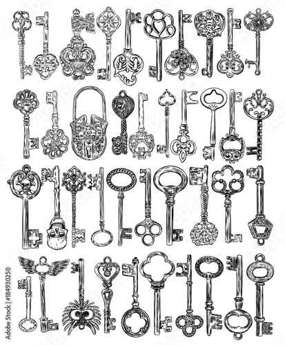 Set of hand drawn antique keys. Sketch style of vintage key on white background. Old design illustration. Vector.
