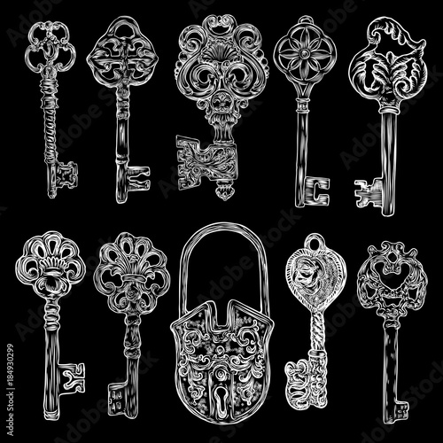 Big set of retro keys, vintage style. Key collection illustration for antiques decoration.  Ornamental medieval collection. Hand drawn old realistic design Vector.