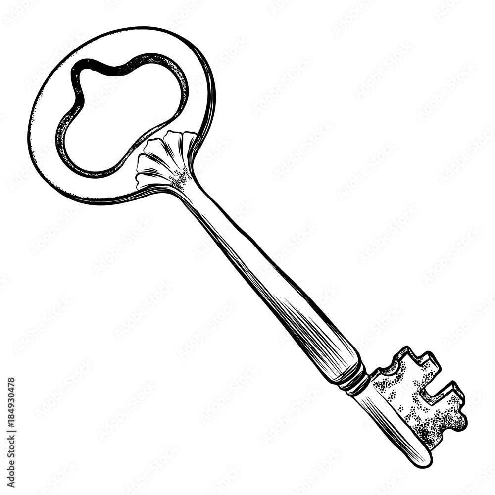 Hand drawn antique key. Sketch style of vintage key on white background.  Old design illustration. Vector. Stock-Vektorgrafik | Adobe Stock