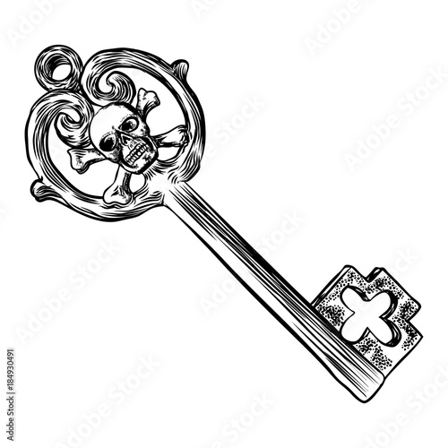 Hand drawn antique key. Sketch style of vintage key on white background. Old design illustration. Vector.