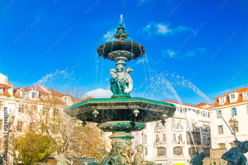 Fountain on Rossio Square (Pedro IV Square) in Lisbon Portugal