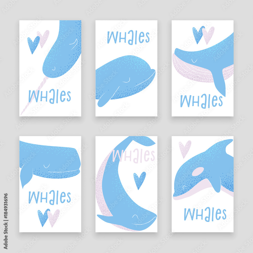 Vector card with blue whale