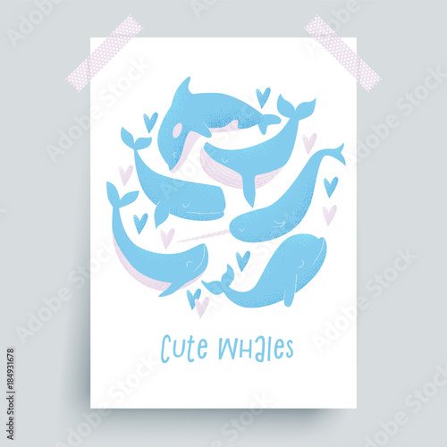 Vector card with blue whale