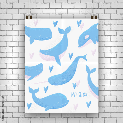 Vector card with blue whale