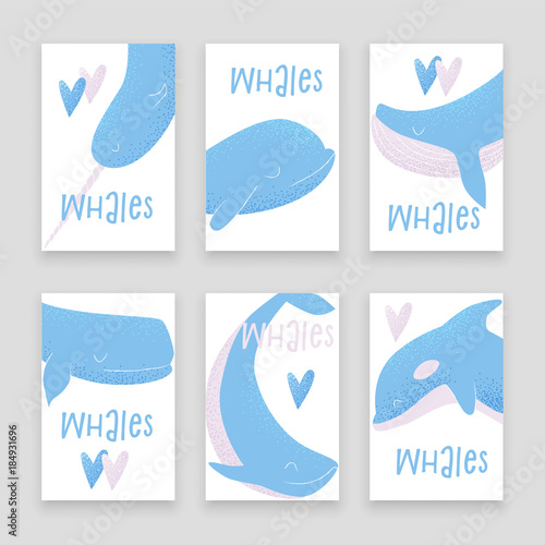 Vector card with blue whale