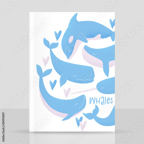 Vector card with blue whale