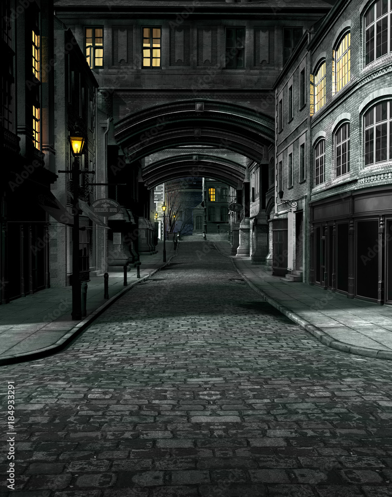 Fototapeta Street at Night with 19th Century City Buildings