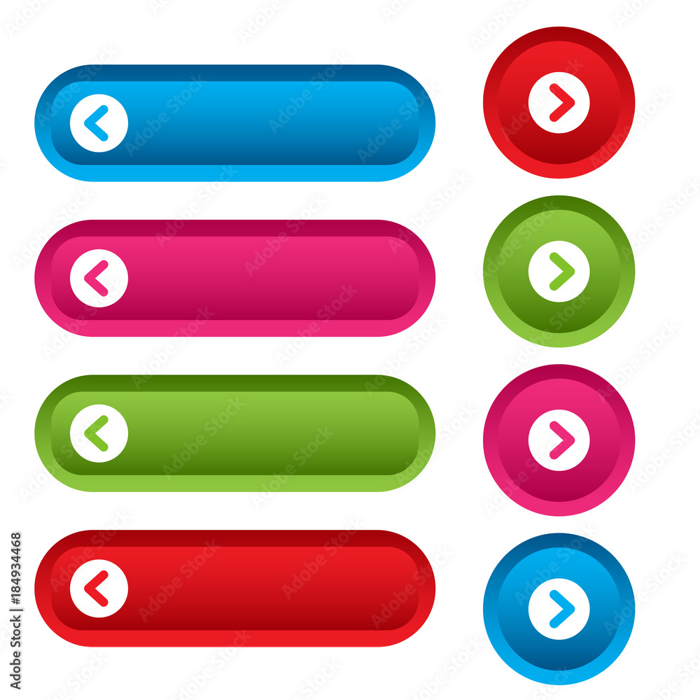 Set of web buttons with arrows, colorful long round buttons. Vector illustration Set of web buttons with arrows, colorful long round buttons. Vector illustration