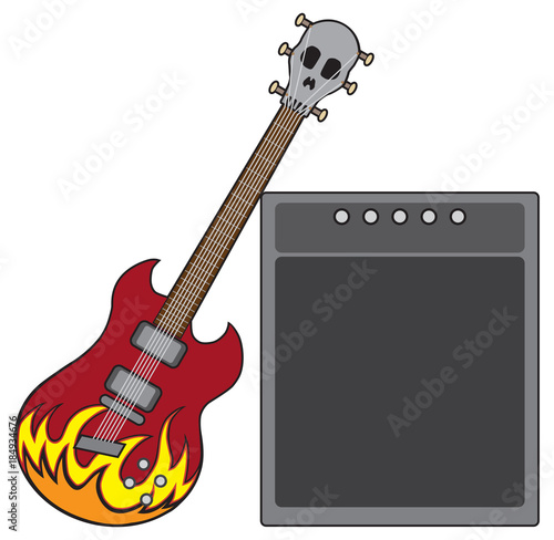 An electric guitar decorated with flames and a skull shaped head stock is leaning against an amplifier