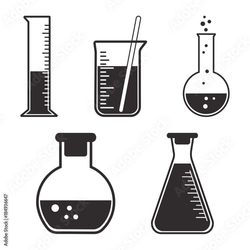 Black and white set chemical vessels. Vector illustration