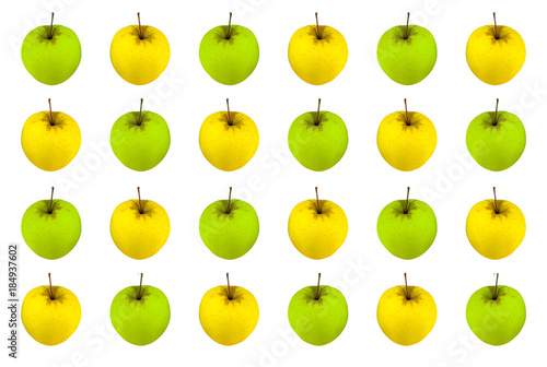 background yellow green apple whole fruit on white background, striped flowers juicy fruit pattern