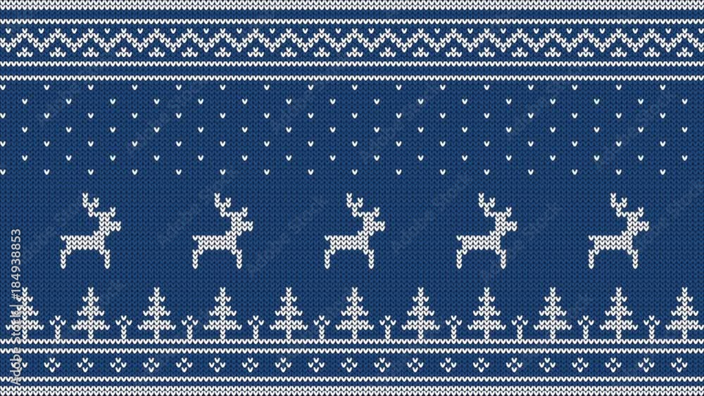 Animated looped knitted ornament. Running deer over the Christmas tree with Scandinavian patterns.