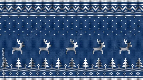 Animated looped knitted ornament. Running deer over the Christmas tree with Scandinavian patterns.
