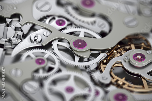 Watch machinery 3D rendering with gears close-up view with dof photo