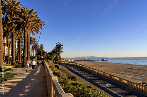 Coastal view of Santa Monica beach and highway in Southern California.