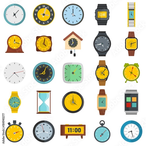 Time and clock icons set. Flat illustration of 25 time clock vector icons isolated on white background
