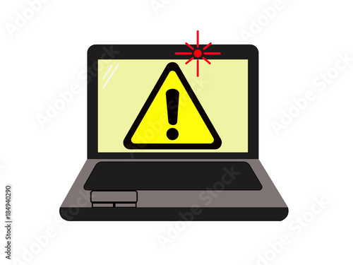 Laptop computer with warning sign about spying with webcam by a hacker or spyware. Isolated on white background.