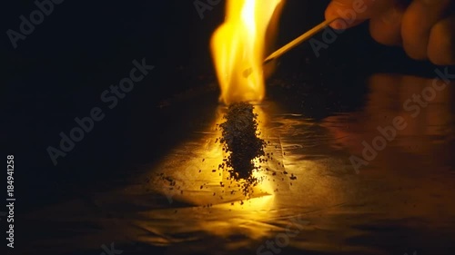 The match set fire to a gunpowder track. Several options color correction. S-log - High Dynamic Range. Closeup. Slow mo, slo mo, slow motion, high speed camera, 240fps, 250fps