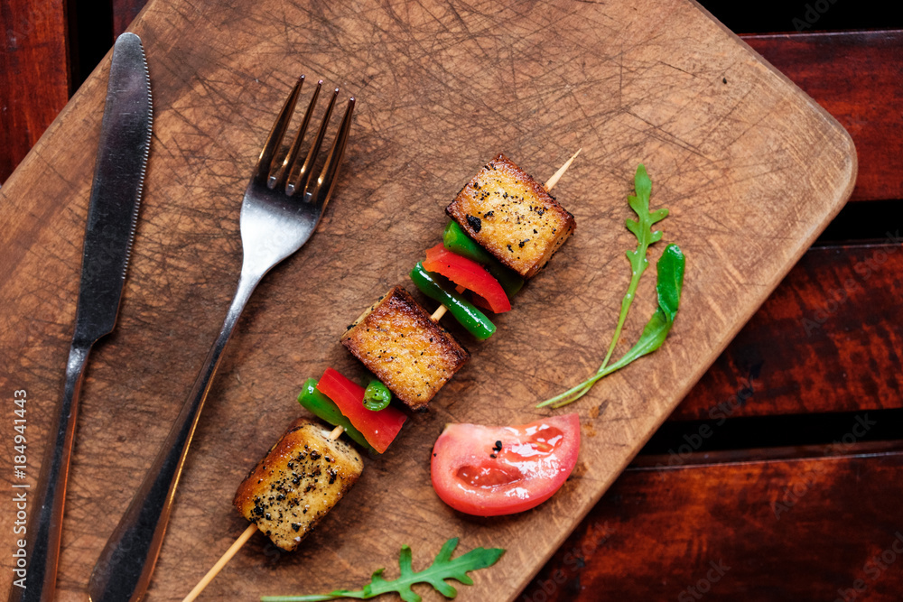 Tofu breaded. Vegetarian kebab with tofu cheese. Stock Photo Adobe Stock