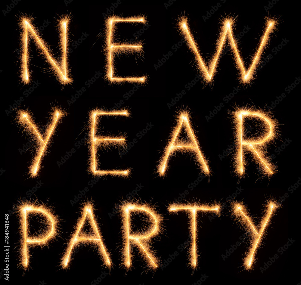 NEW YEAR PARTY lettering drawn with bengali sparkles NEW YEAR PARTY lettering drawn with bengali sparkles