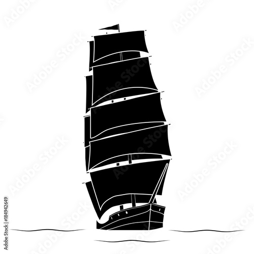 Black silhouette Ship of a two-masted sailboat floating on the waves