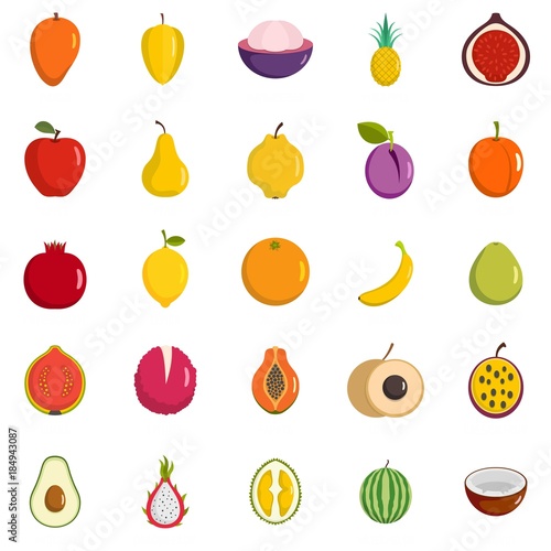 Fototapeta Naklejka Na Ścianę i Meble -  Fruits icons set. Flat illustration of 25 fruits vector icons isolated on white background