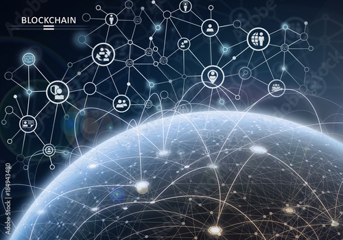 Secure global financial network crypto currency blockchain encryption. 3D rendering elements in collage