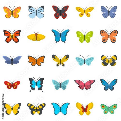 Butterfly icons set. Flat illustration of 25 butterfly vector icons isolated on white background