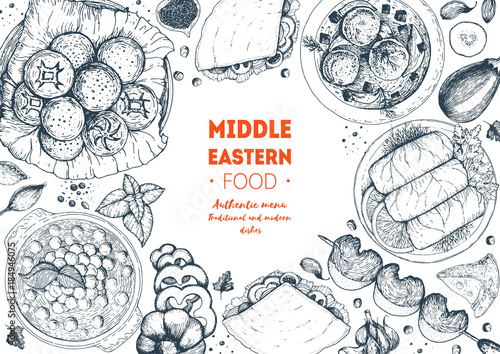Middle eastern cuisine top view frame. Food menu design with hummus, kebab, dolma and falafel. Vintage hand drawn sketch vector illustration. Middle eastern traditional food.