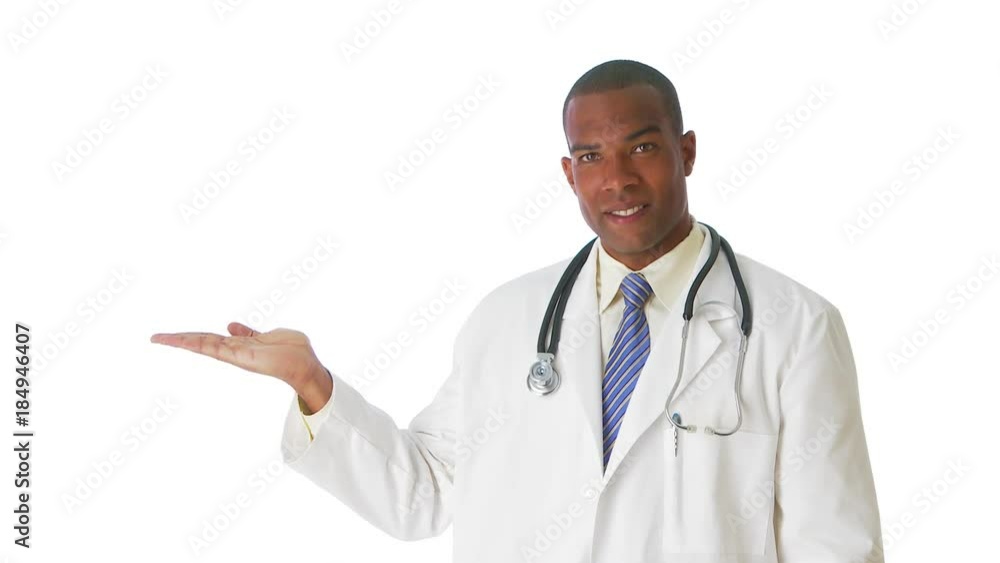 Medical doctor holding out hand for text Medical doctor holding out hand for text