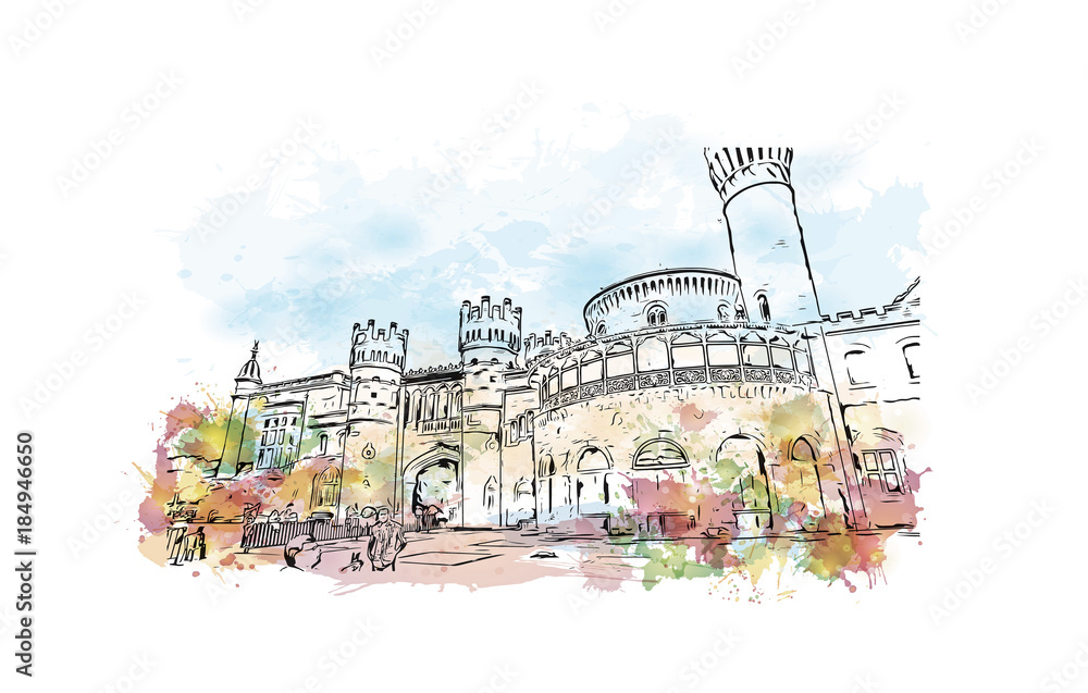 Watercolor splash with hand drawn sketch of Bangalore Palace, India in  vector. Stock Vector | Adobe Stock