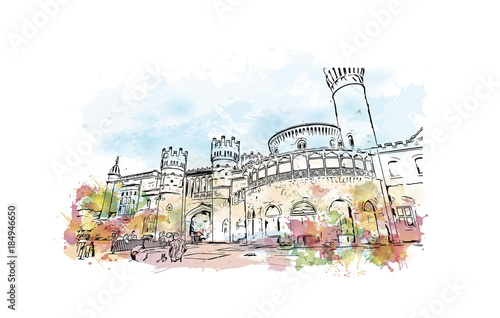 Watercolor splash with hand drawn sketch of Bangalore Palace, India in vector.