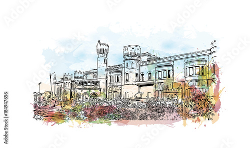 Watercolor splash with hand drawn sketch of Bangalore Palace, India in vector.