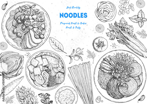 Asian food engraved sketch. Noodle dishes top view frame. Food menu design with cooked noodles . Vintage hand drawn sketch vector illustration. Asian cuisine menu background.