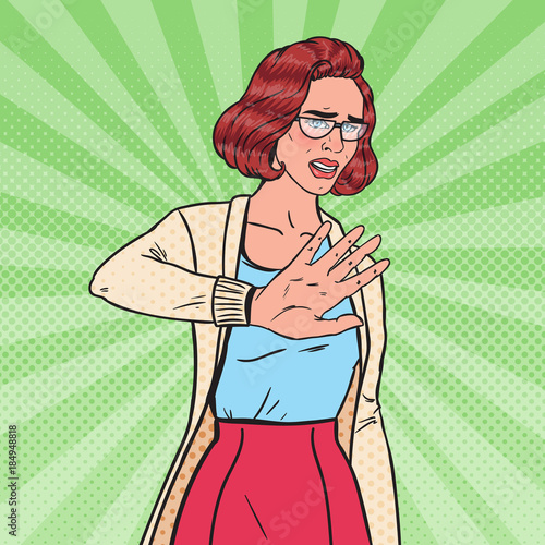 Pop Art Disgusted Young Pretty Woman Making Stop Hand Sign. Vector illustration