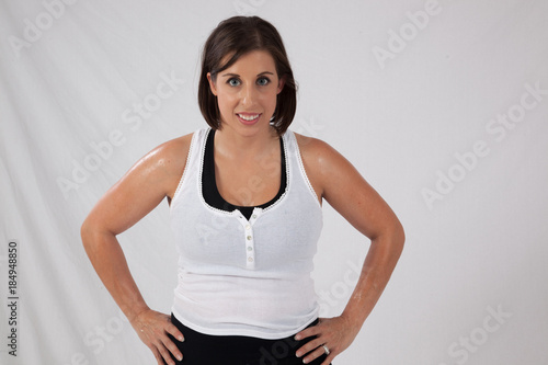 Pretty white woman sweating photo