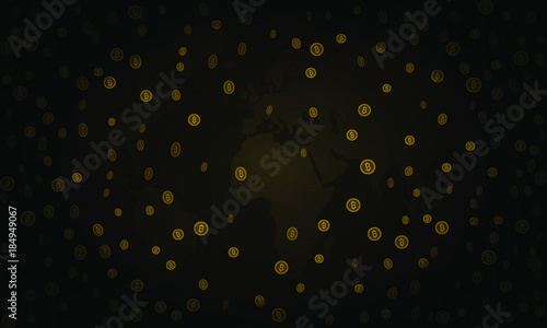 Bitcoins security business background. Bitcoin crypto mining visualization. Business wallet background, security currency exchange, vector model. Crypto virtual payment finance. Gold money trading.